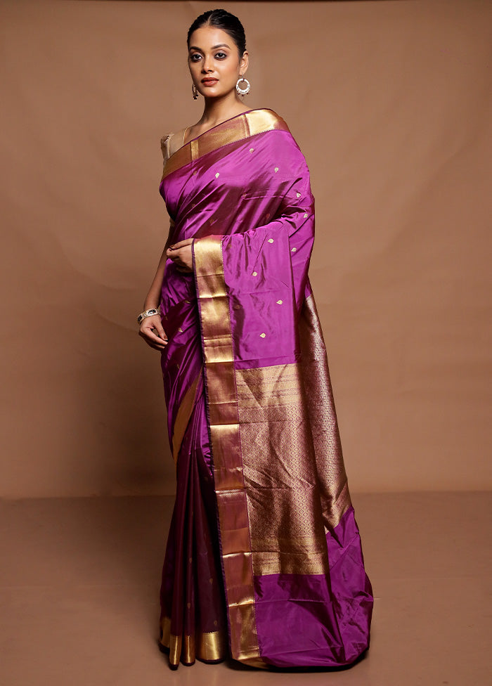 Purple Handloom Kanjivaram Pure Silk Saree With Blouse Piece