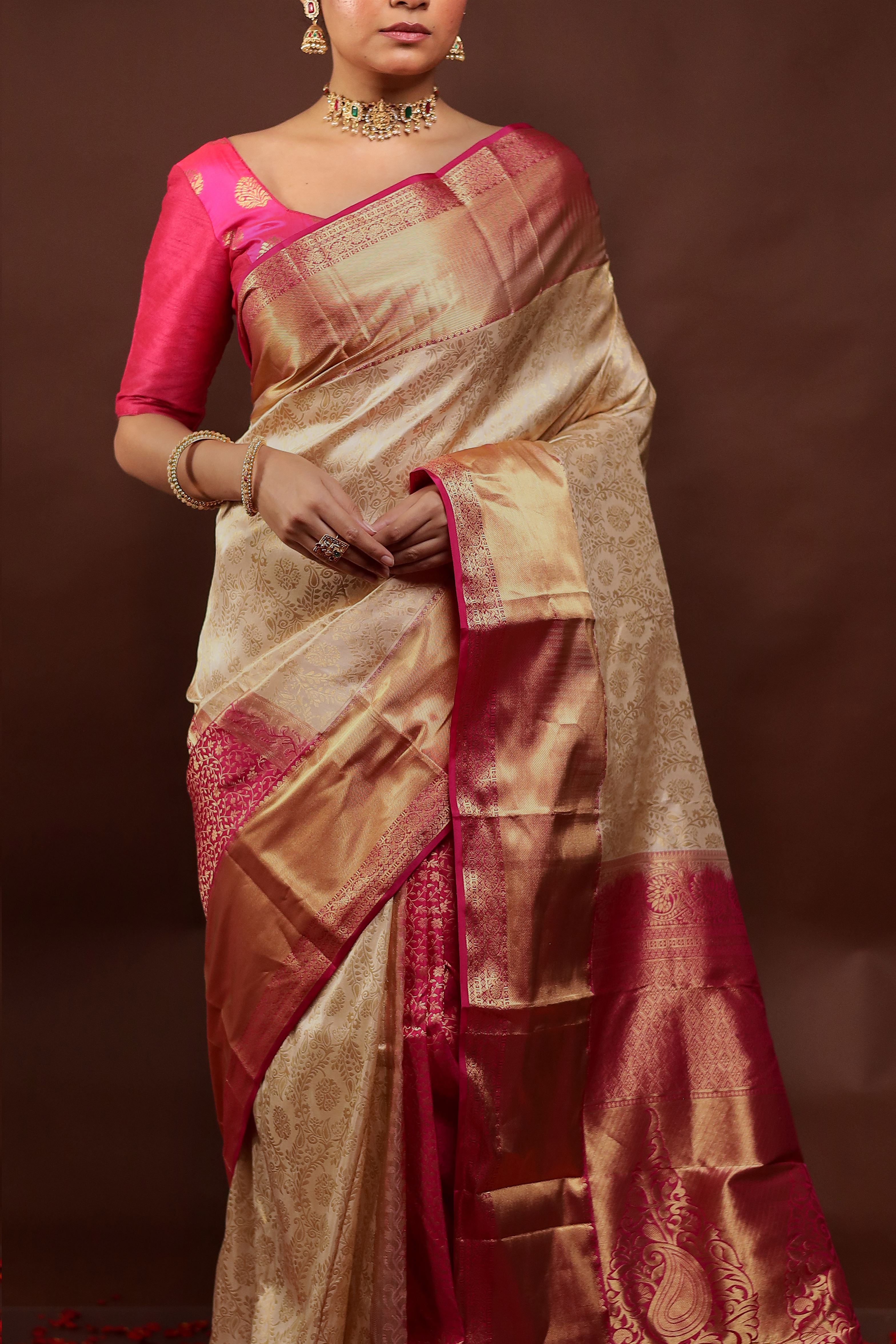 Cream Handloom Kanchipuram Pure Silk Saree With Blouse Piece