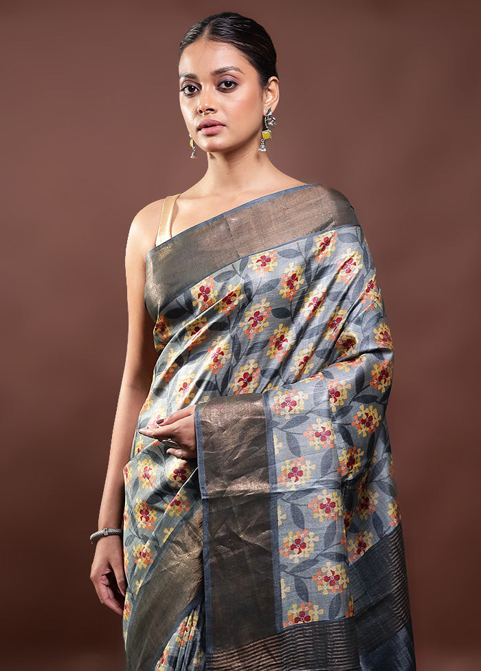 Grey Tussar Silk Saree With Blouse Piece