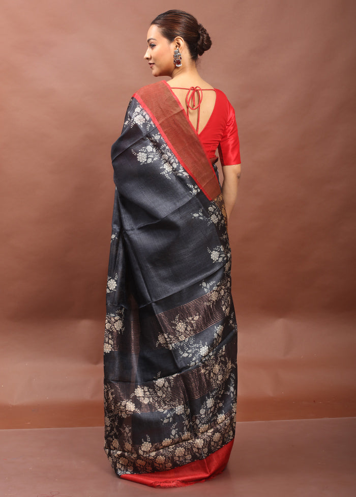 Grey Tussar Silk Saree With Blouse Piece