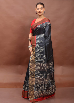 Grey Tussar Silk Saree With Blouse Piece