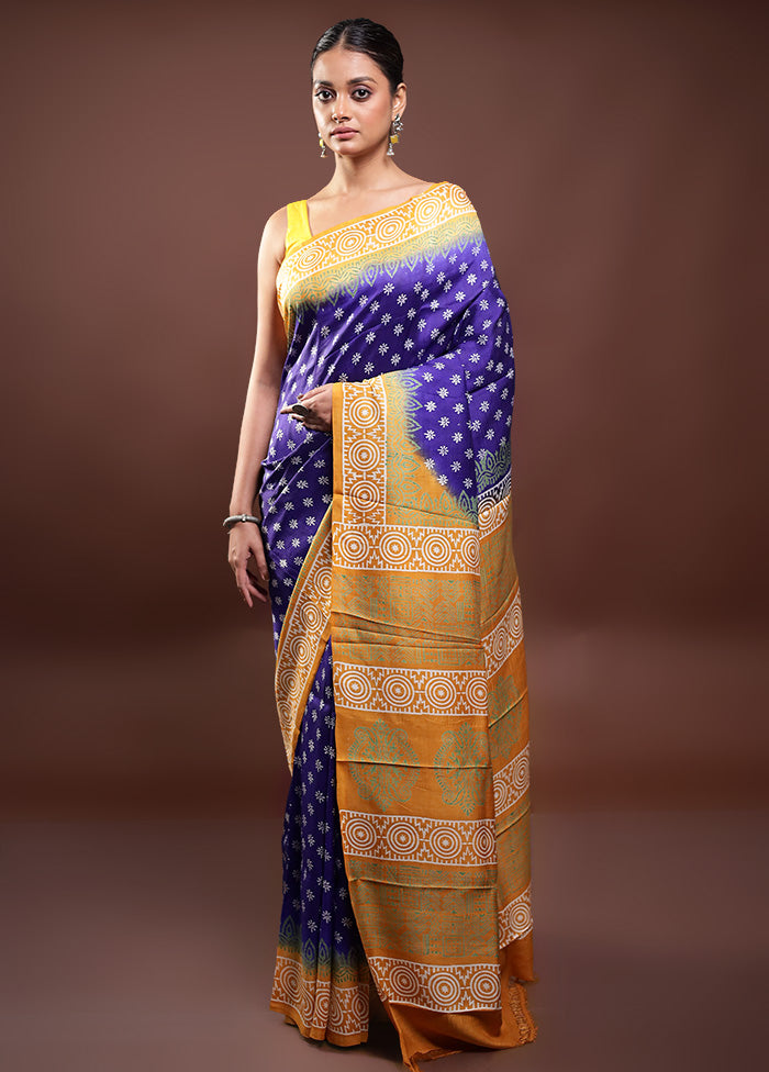 Blue Printed Pure Silk Saree Without Blouse Piece