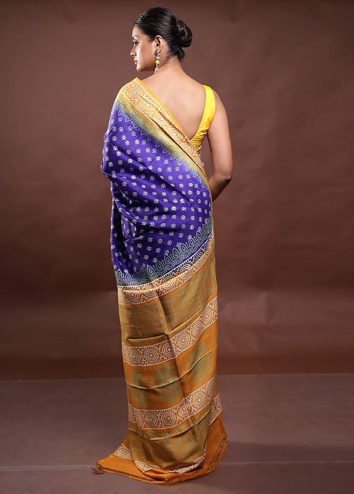 Blue Printed Pure Silk Saree Without Blouse Piece