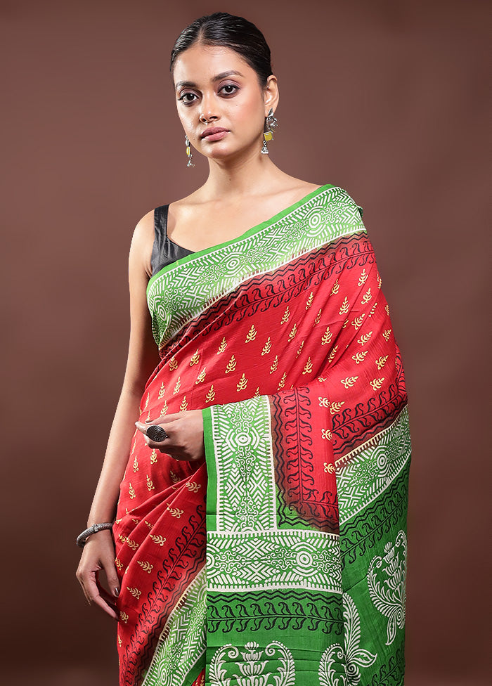 Red Printed Pure Silk Saree Without Blouse Piece