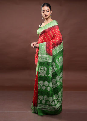 Red Printed Pure Silk Saree Without Blouse Piece