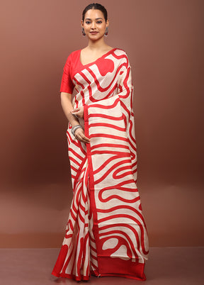Cream Printed Pure Silk Saree Without Blouse Piece