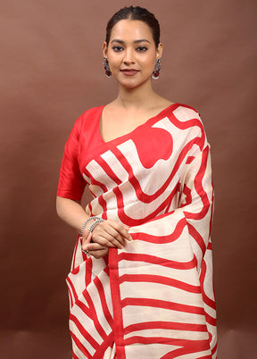Cream Printed Pure Silk Saree Without Blouse Piece
