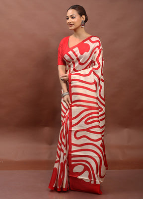 Cream Printed Pure Silk Saree Without Blouse Piece