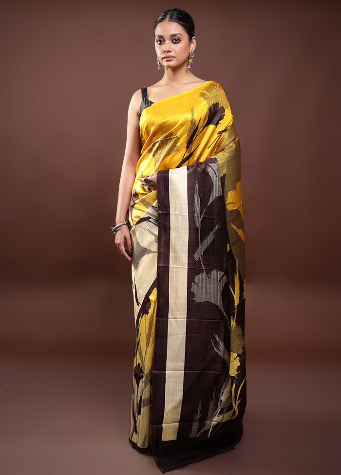 Yellow Printed Pure Silk Saree Without Blouse Piece