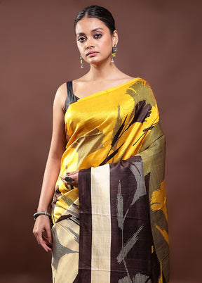 Yellow Printed Pure Silk Saree Without Blouse Piece