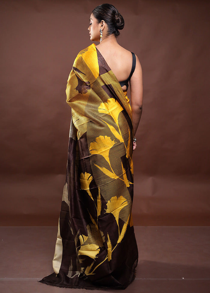 Yellow Printed Pure Silk Saree Without Blouse Piece