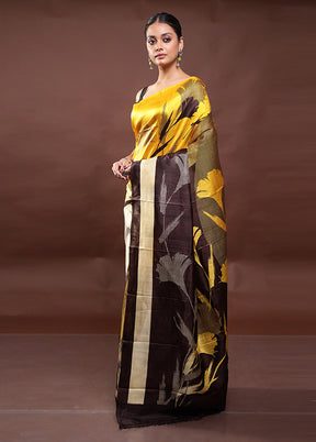 Yellow Printed Pure Silk Saree Without Blouse Piece