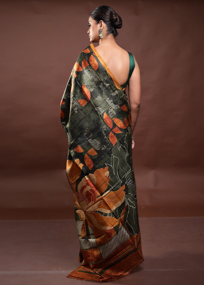 Green Printed Pure Silk Saree Without Blouse Piece