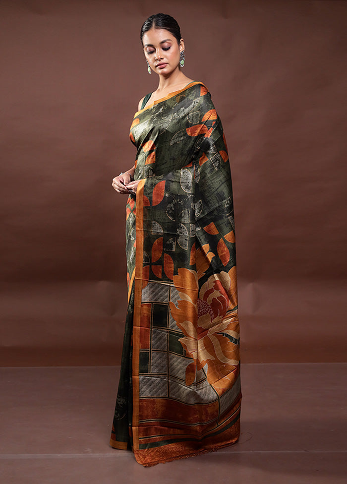 Green Printed Pure Silk Saree Without Blouse Piece