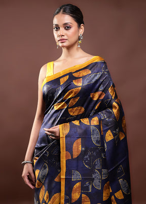 Blue Printed Pure Silk Saree Without Blouse Piece