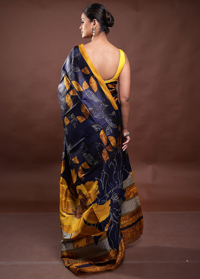 Blue Printed Pure Silk Saree Without Blouse Piece