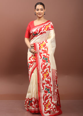 Cream Printed Pure Silk Saree Without Blouse Piece