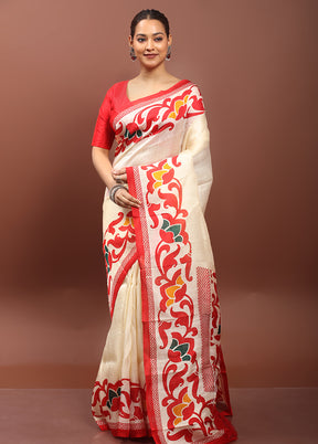 Cream Printed Pure Silk Saree Without Blouse Piece