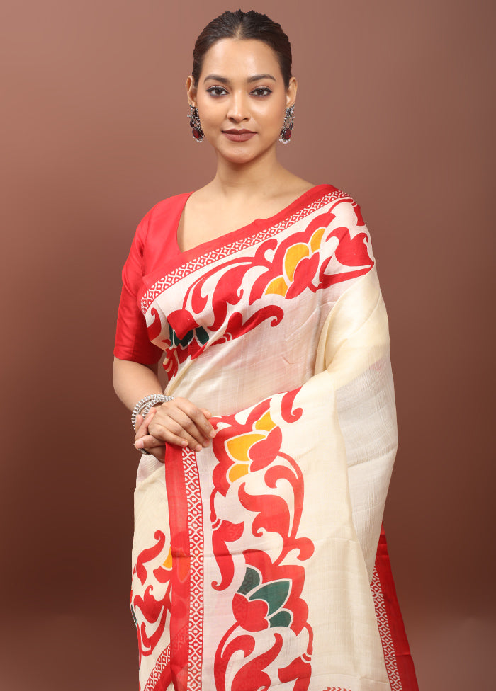 Cream Printed Pure Silk Saree Without Blouse Piece