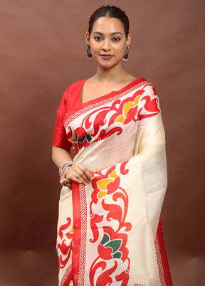 Cream Printed Pure Silk Saree Without Blouse Piece