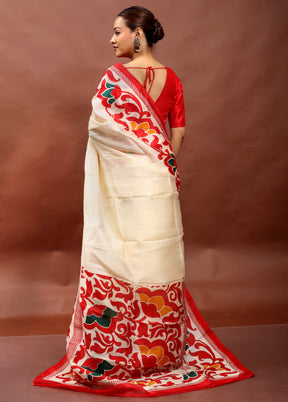 Cream Printed Pure Silk Saree Without Blouse Piece