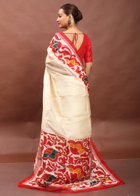 Cream Printed Pure Silk Saree Without Blouse Piece