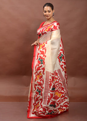 Cream Printed Pure Silk Saree Without Blouse Piece