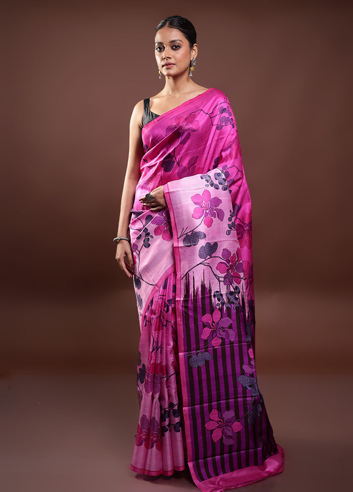 Pink Printed Pure Silk Saree Without Blouse Piece