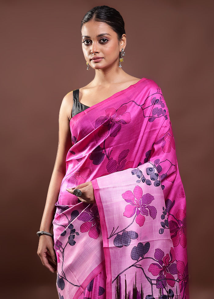 Pink Printed Pure Silk Saree Without Blouse Piece