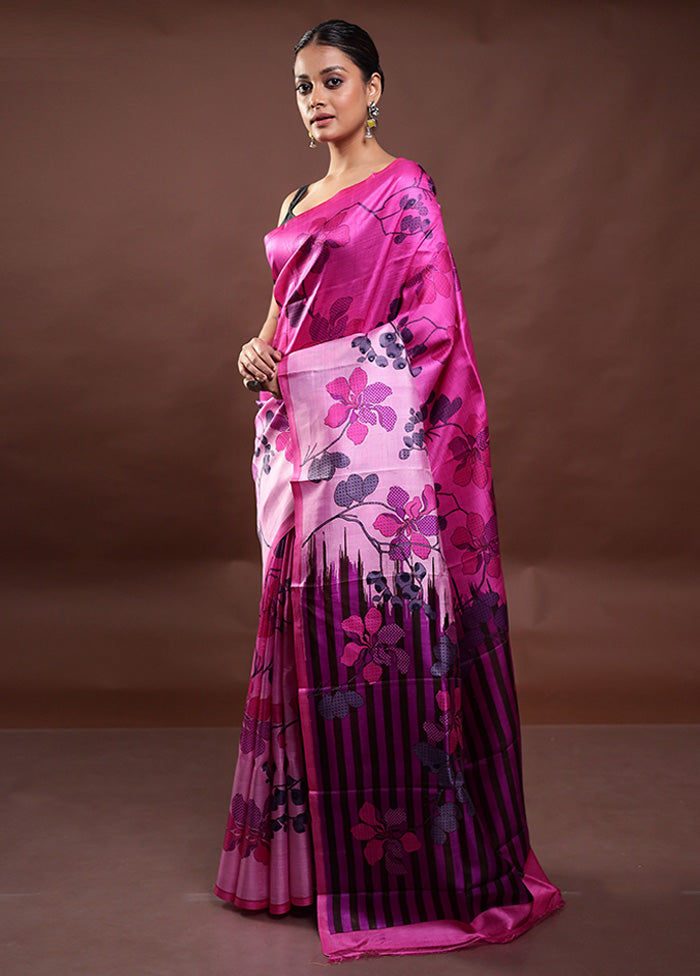 Pink Printed Pure Silk Saree Without Blouse Piece