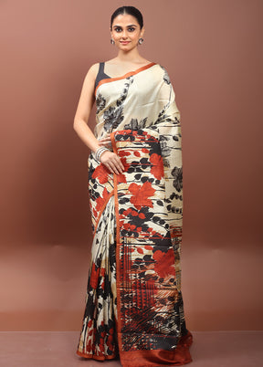 Cream Printed Pure Silk Saree Without Blouse Piece