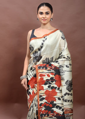 Cream Printed Pure Silk Saree Without Blouse Piece