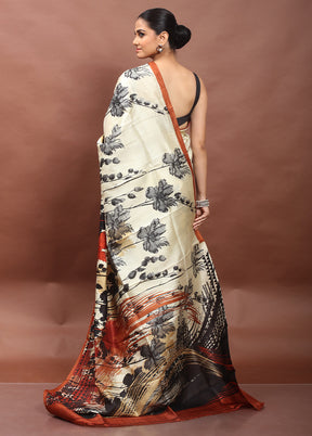 Cream Printed Pure Silk Saree Without Blouse Piece