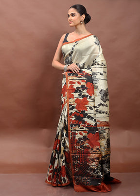 Cream Printed Pure Silk Saree Without Blouse Piece