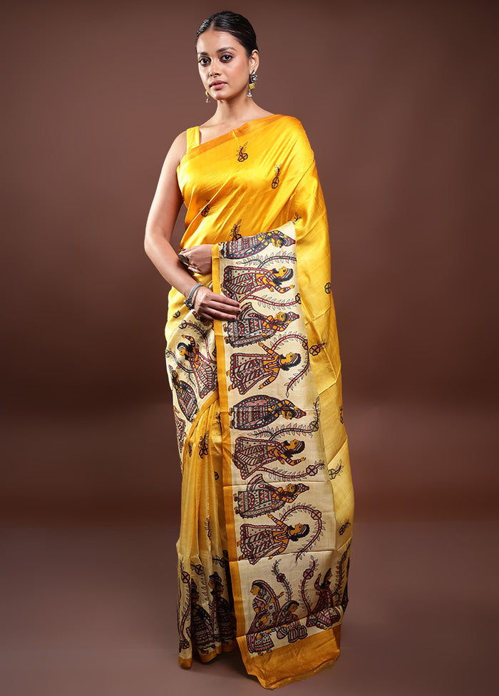 Yellow Printed Pure Silk Saree Without Blouse Piece