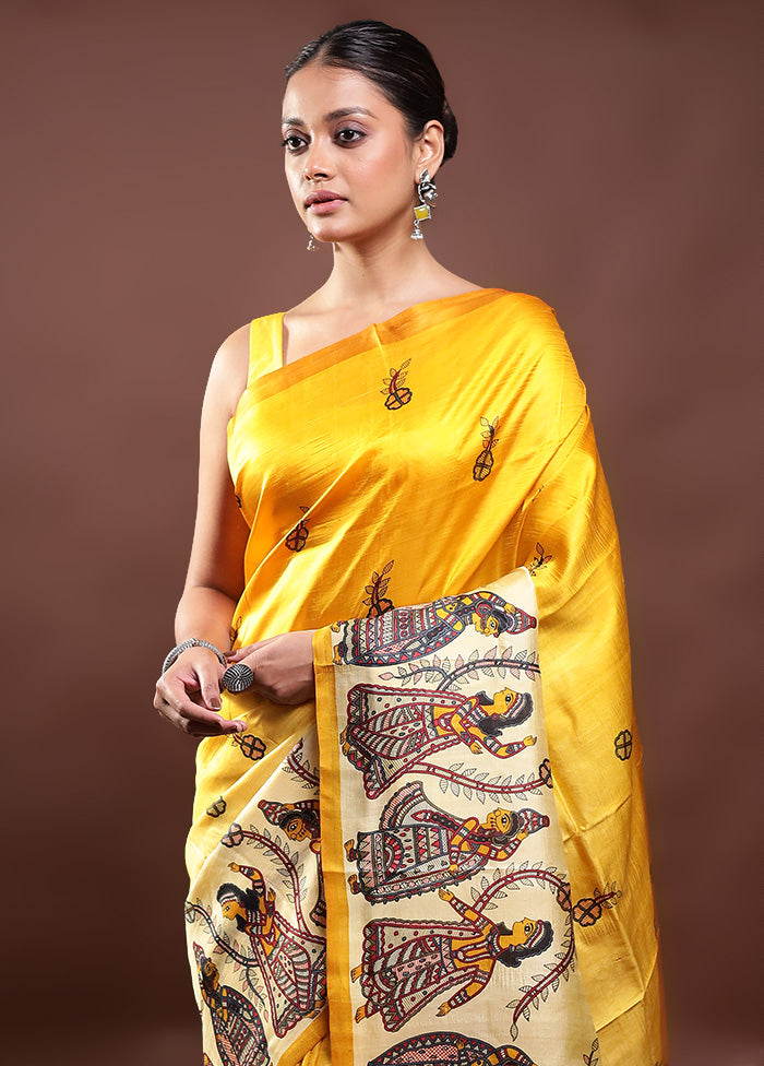 Yellow Printed Pure Silk Saree Without Blouse Piece