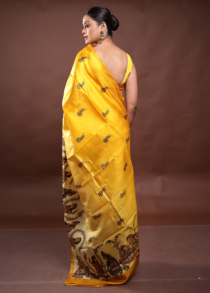 Yellow Printed Pure Silk Saree Without Blouse Piece