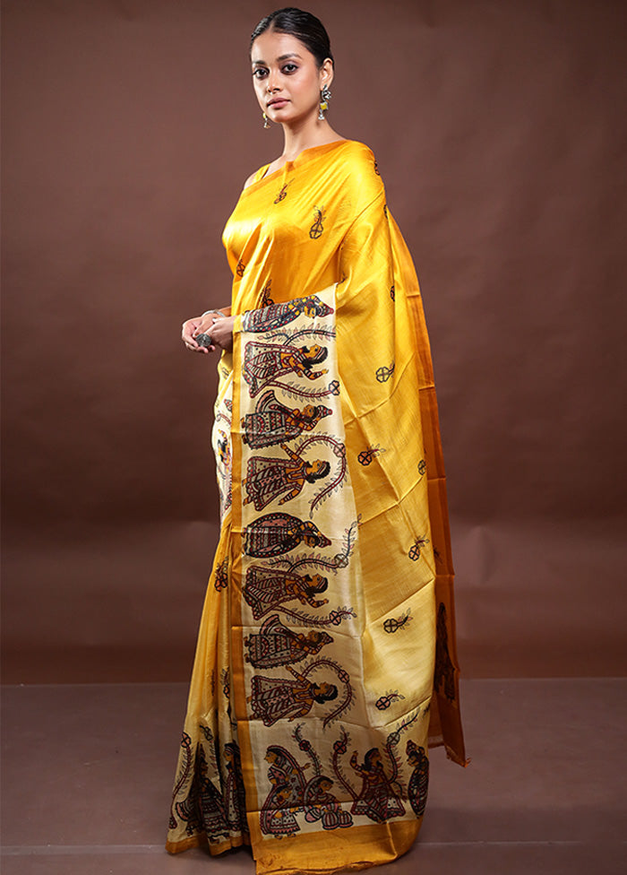 Yellow Printed Pure Silk Saree Without Blouse Piece