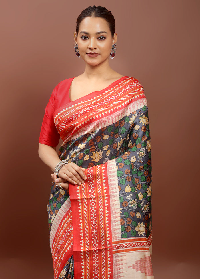 Grey Printed Pure Silk Saree Without Blouse Piece