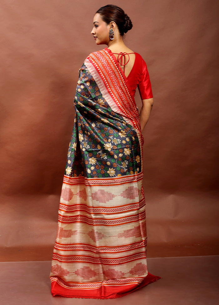 Grey Printed Pure Silk Saree Without Blouse Piece