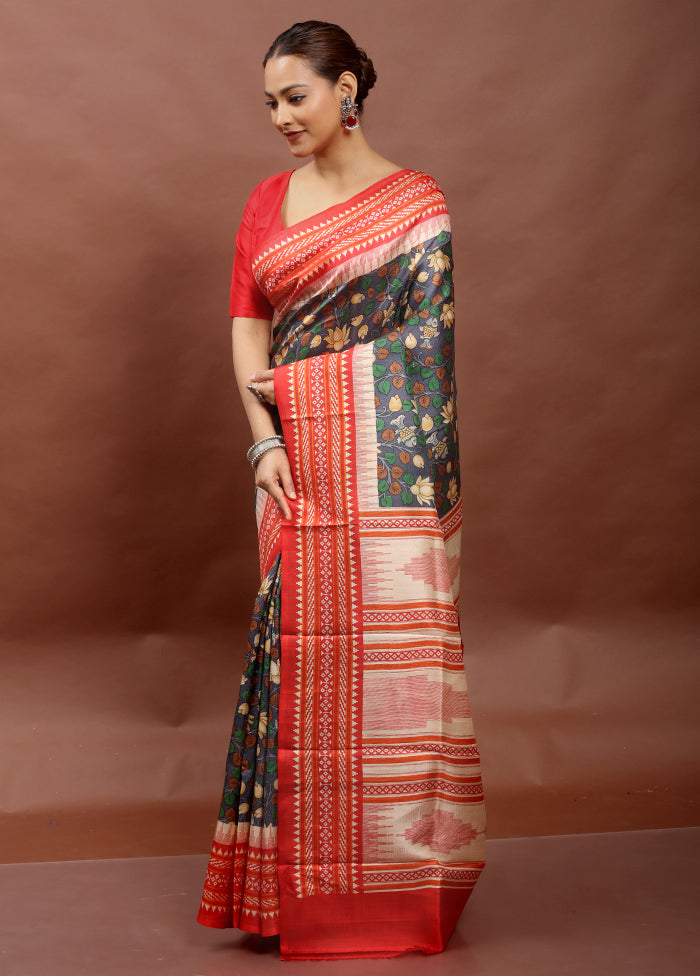 Grey Printed Pure Silk Saree Without Blouse Piece