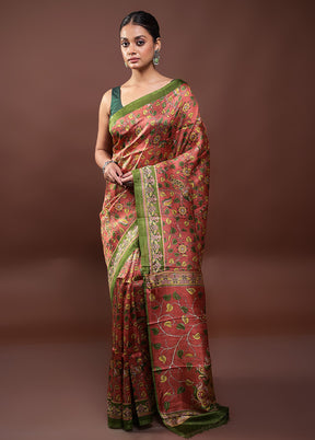 Rust Printed Pure Silk Saree Without Blouse Piece