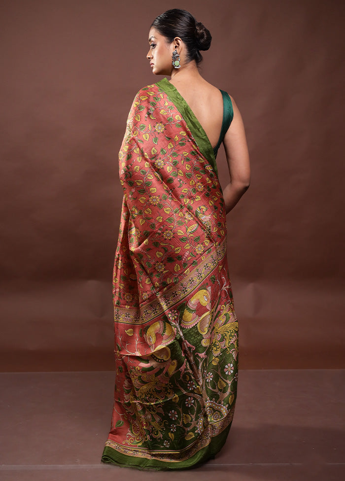 Rust Printed Pure Silk Saree Without Blouse Piece