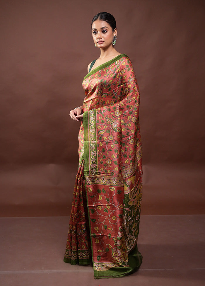 Rust Printed Pure Silk Saree Without Blouse Piece