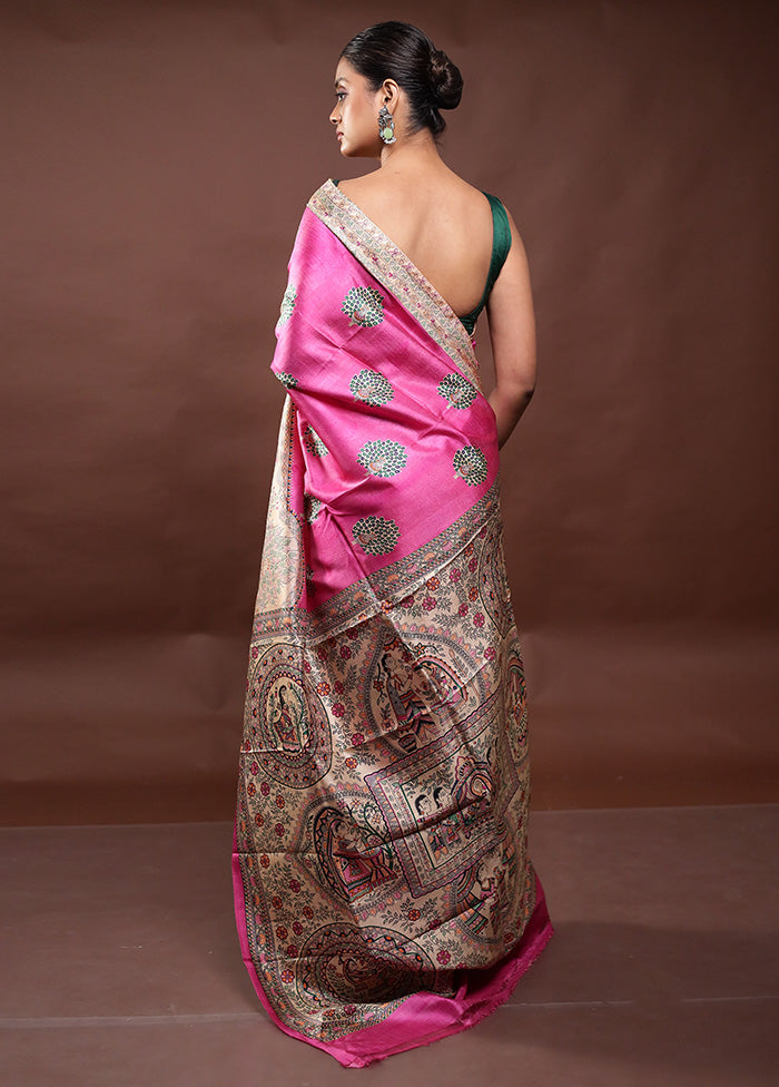 Pink Printed Pure Silk Saree Without Blouse Piece