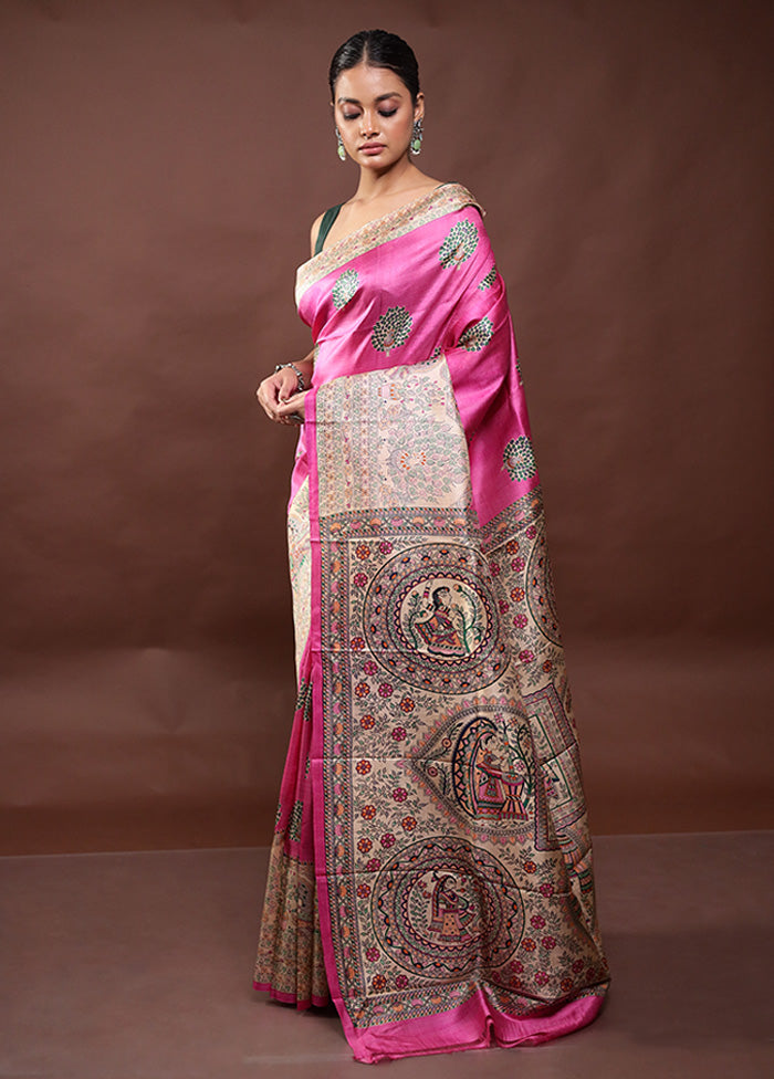 Pink Printed Pure Silk Saree Without Blouse Piece