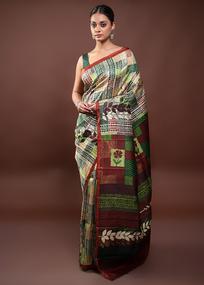 Multicolor Printed Pure Silk Saree Without Blouse Piece