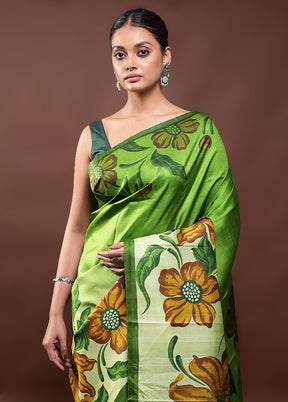 Green Printed Pure Silk Saree Without Blouse Piece