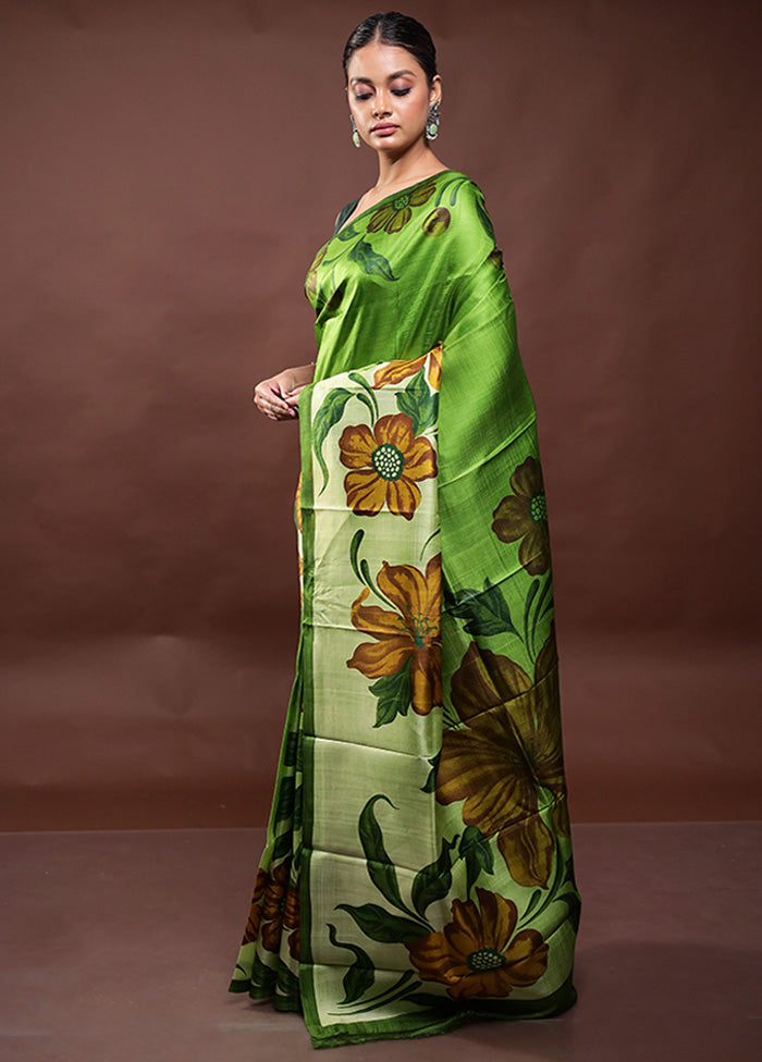 Green Printed Pure Silk Saree Without Blouse Piece