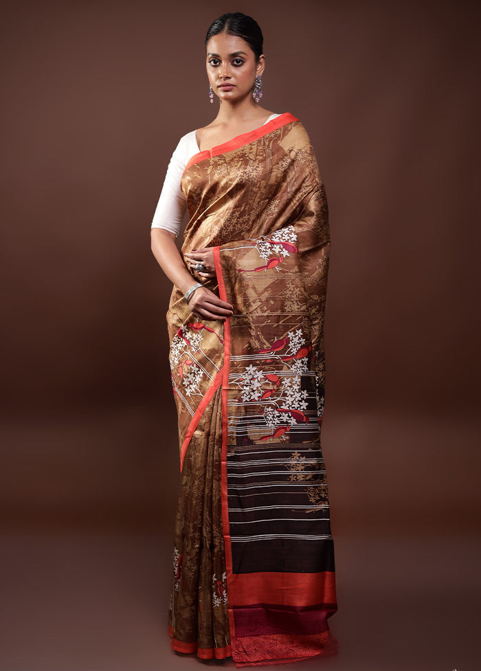 Brown Printed Pure Silk Saree Without Blouse Piece